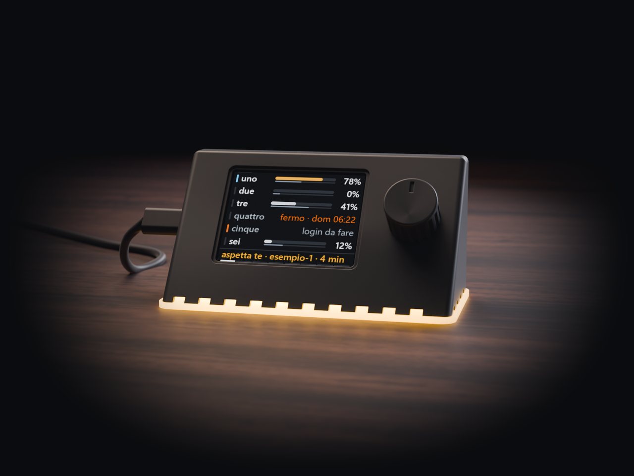 Render of test build 1 seen low from the front, lit: the pale base glows amber along its rim and through the notches.