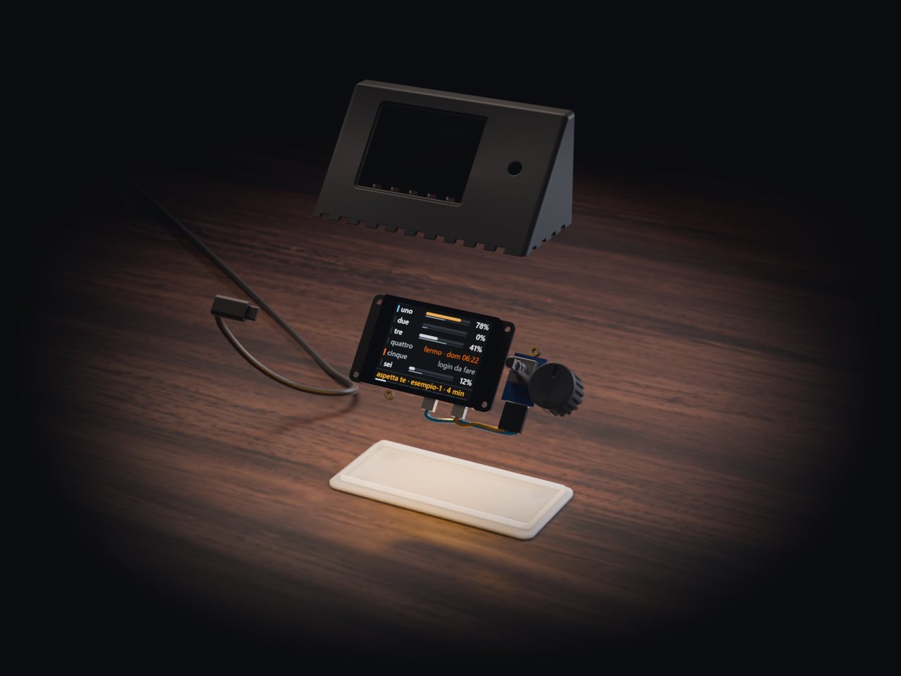 Render of test build 1 apart: the shell above, the board with its screen, the knob and the encoder beside it, the USB-C plug to the side, the pale base below.