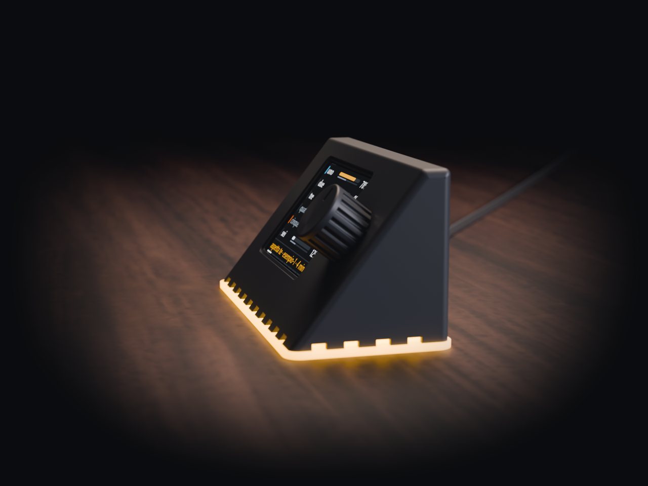 Render of test build 1 from its right side: the face leans back, and the knurled knob stands out from it.